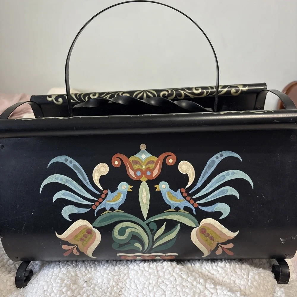 Vtg Black Tole Hand Painted Floral Birds Flowers Wrought Metal Magazine Holder